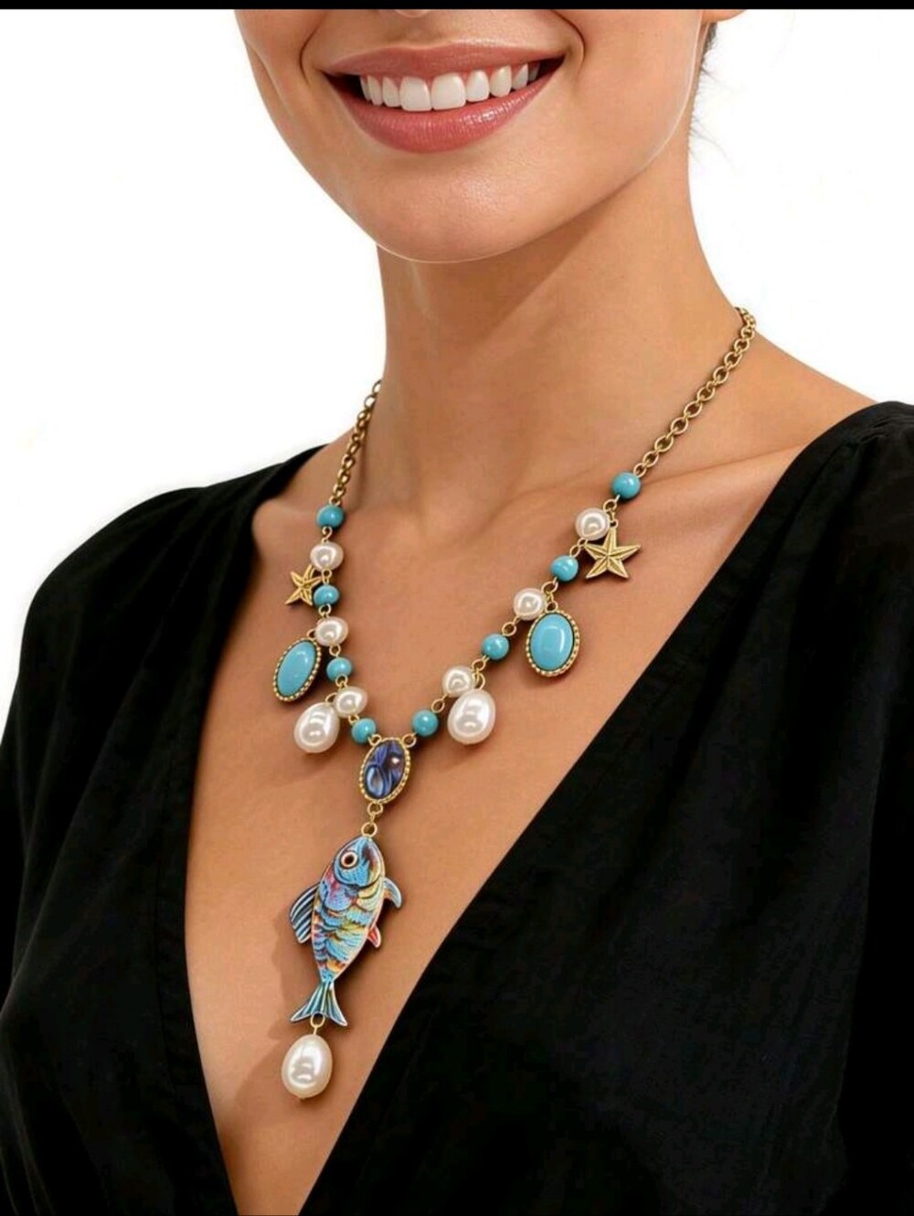 BRAND NEW ** Turquoise Look W/ Pearl Fish Pendant Statement Necklace